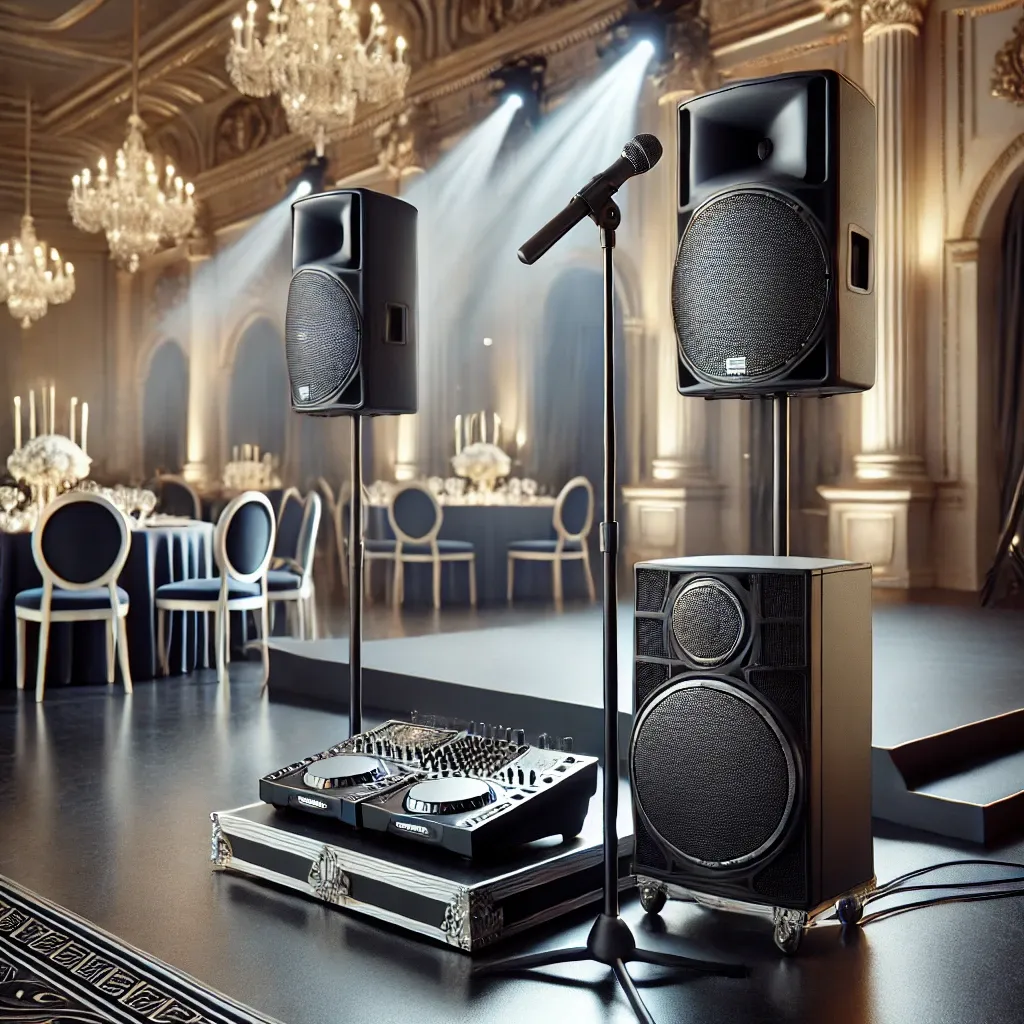 Audio equipment setup with speakers, microphone, and mixer in a ballroom, surrounded by decorated tables and chairs near a stage with event lighting.