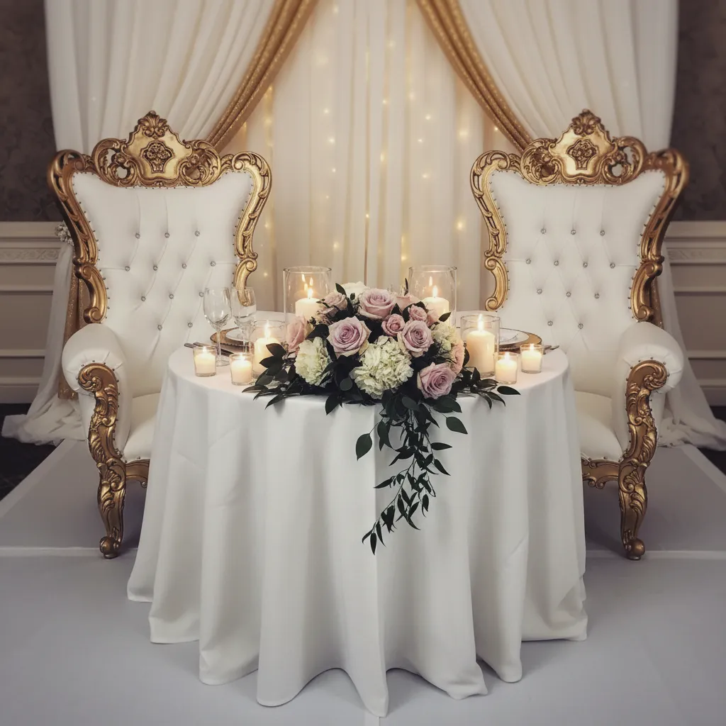 Throne chair sweetheart table setup