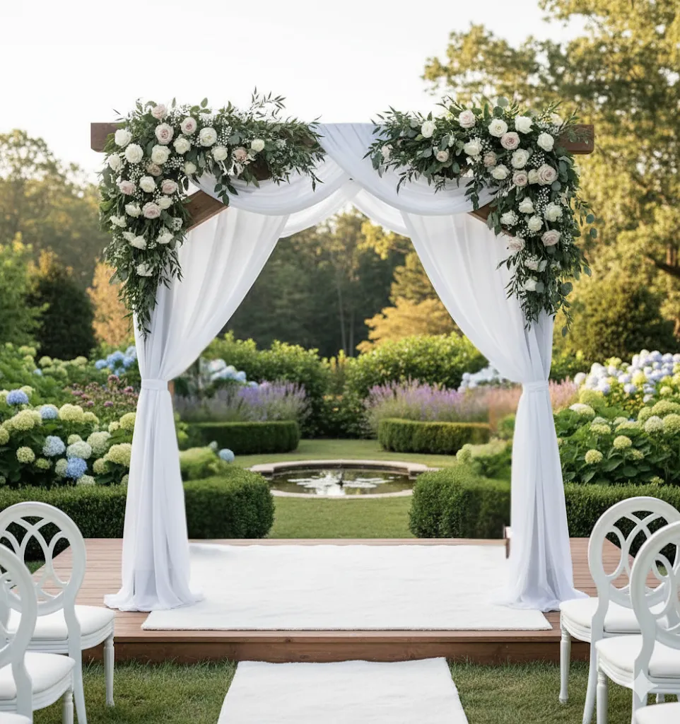 Draped cedar wedding arbor with a white floral arrangement