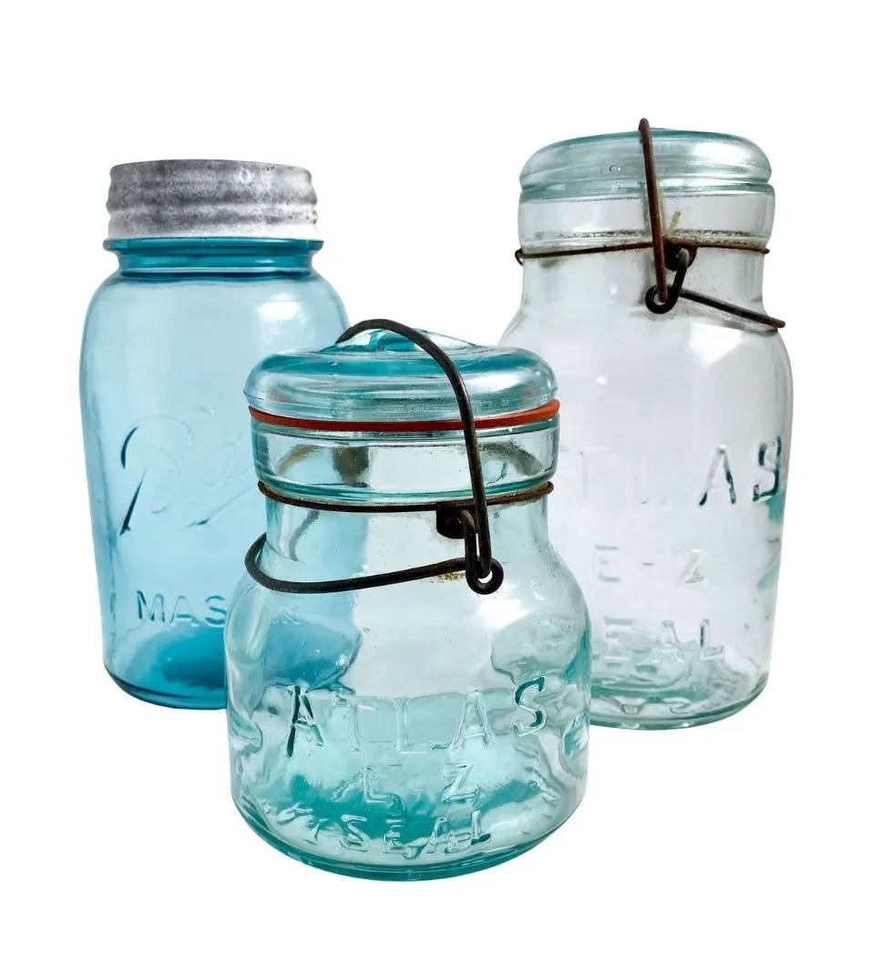 Vintage Blue Glass Mason Jars