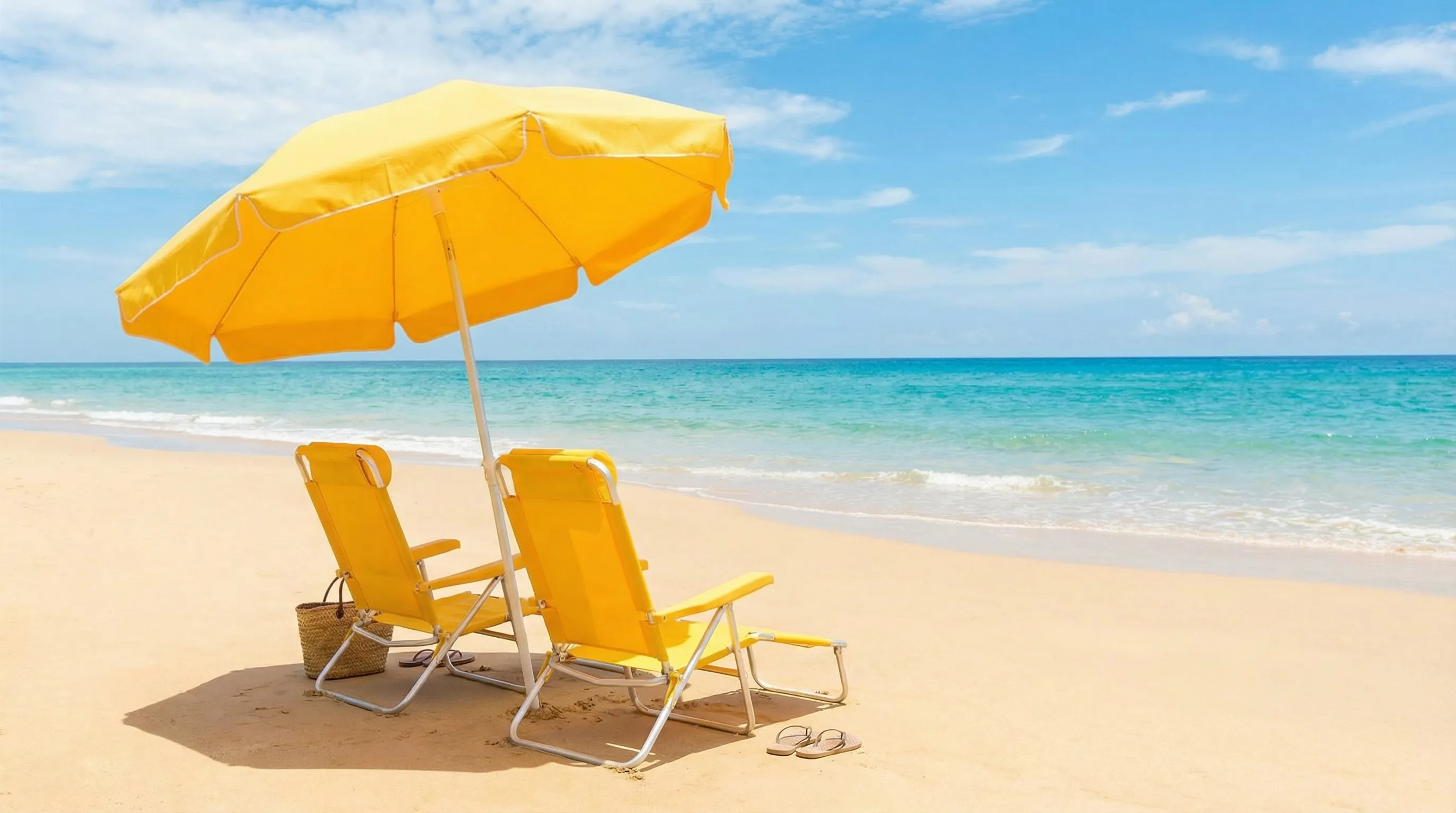 Yellow Beach Umbrella and 2 Yellow Beach Chairs