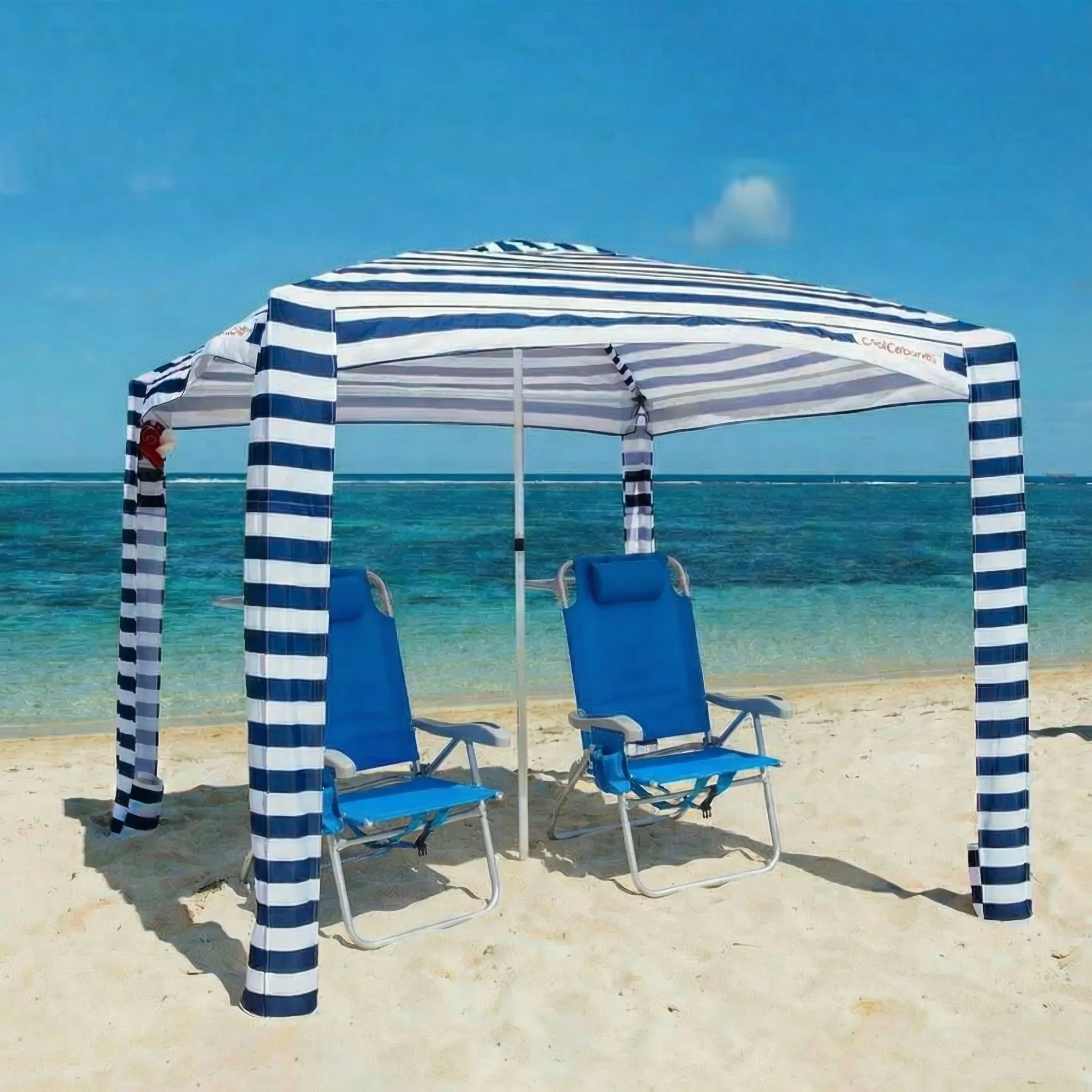 2 beach chairs and a cabana on the beach