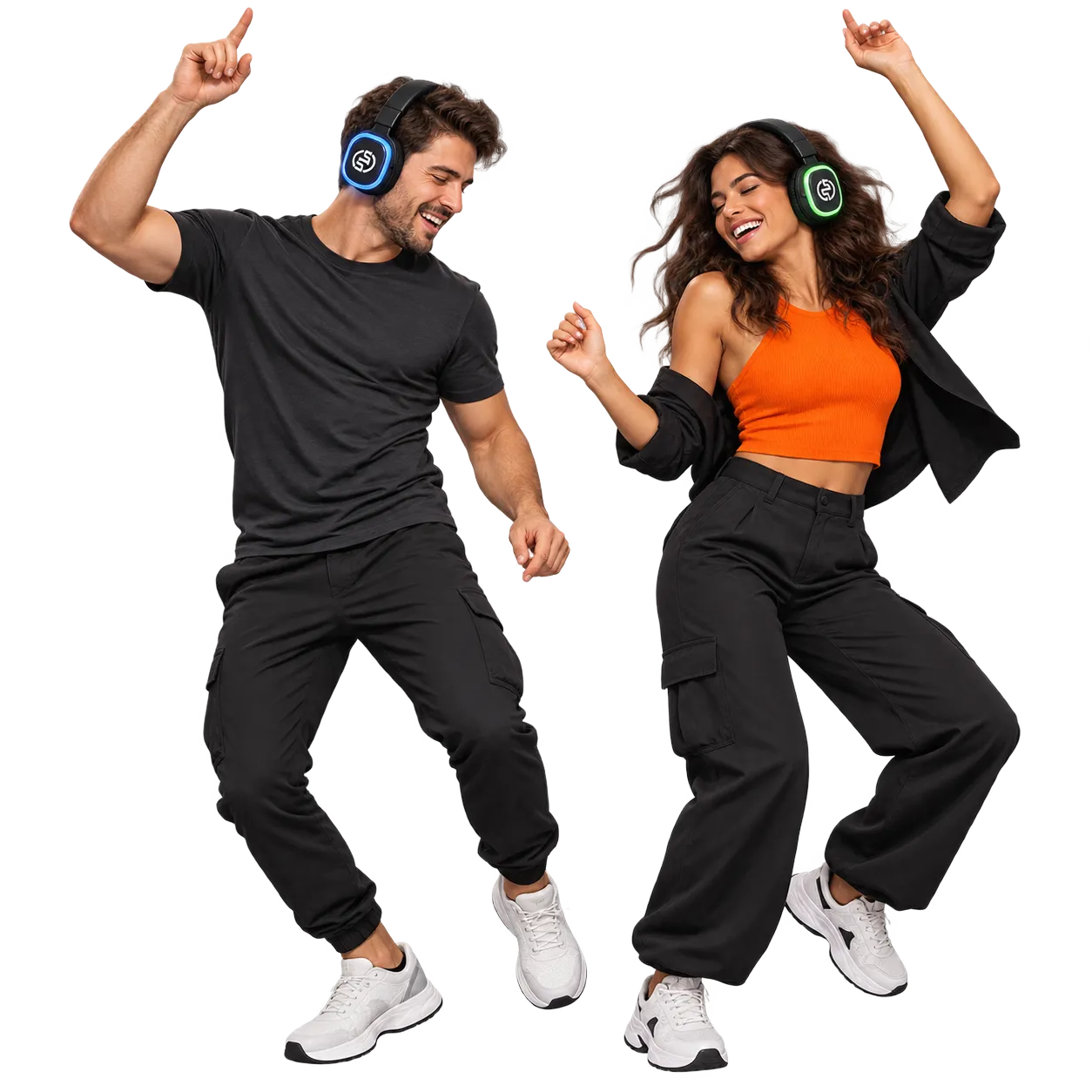 Coppia che balla a una silent disco con cuffie LED Silentsystem
