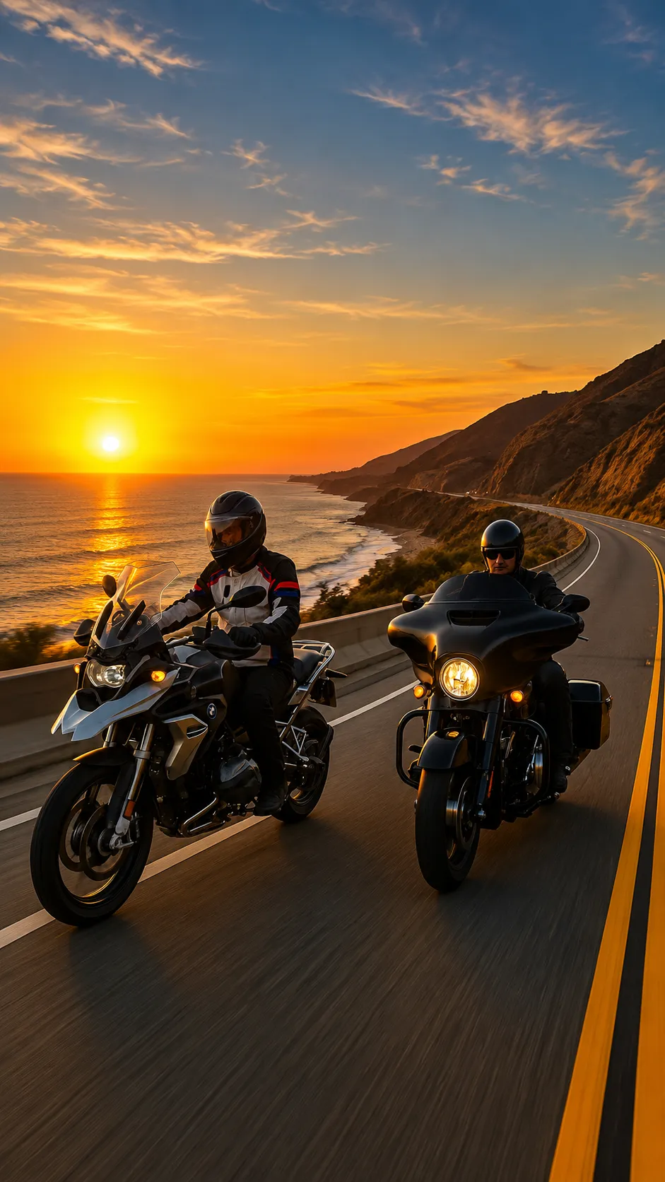 BMW adventure and Harley-Davidson touring motorcycles on the San Diego coast representing Route 101 motorcycle rentals, service, diagnostics and tire installation