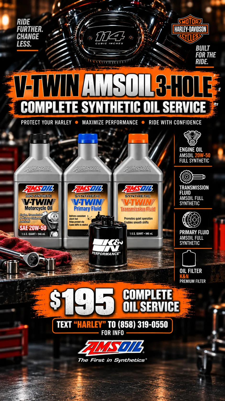 Harley-Davidson V-Twin 3-hole AMSOIL synthetic oil and filter change - $195