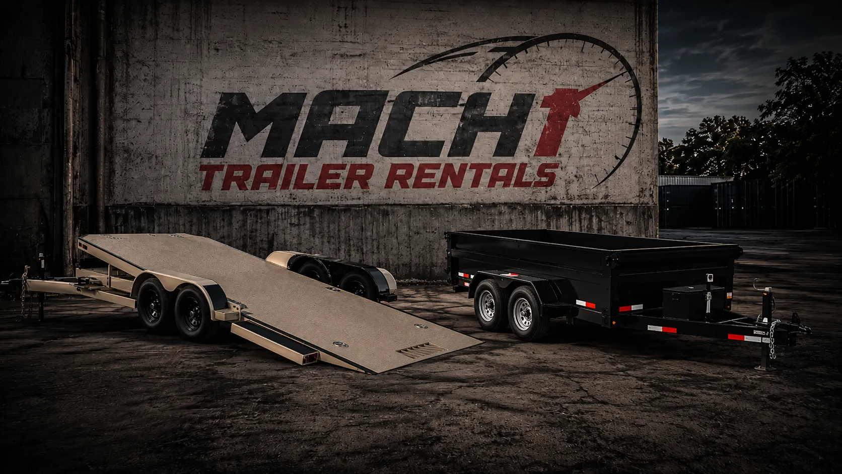 Heavy-duty dump trailer ready to book from Mach 1 Rentals