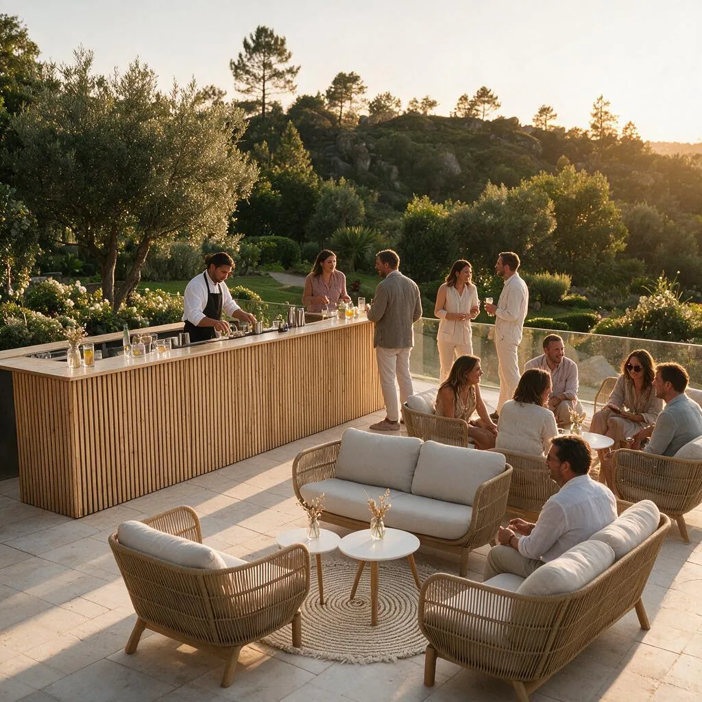 Lounge com mobiliário natural e balcão de madeira ao pôr do sol