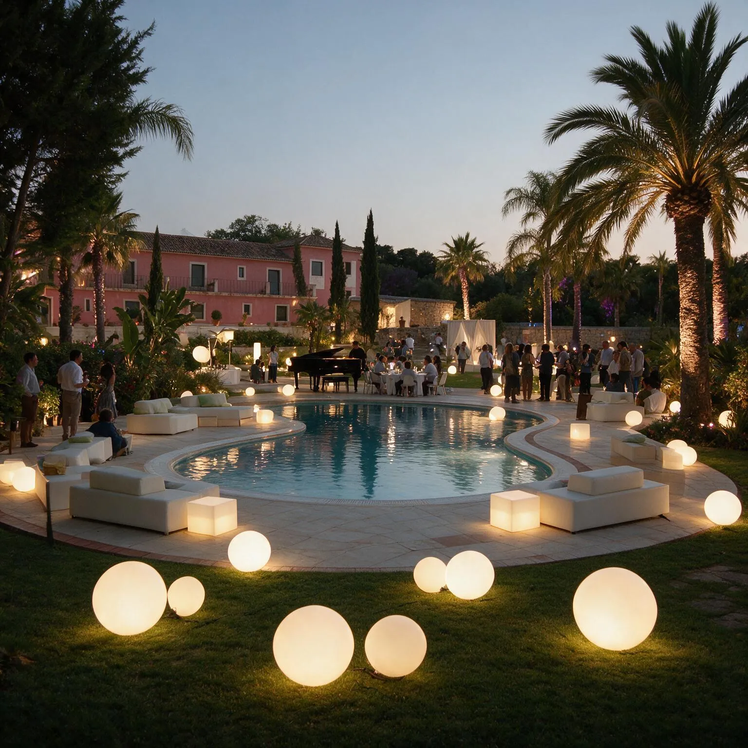 Evento ao anoitecer junto à piscina com sofás brancos e iluminação decorativa
