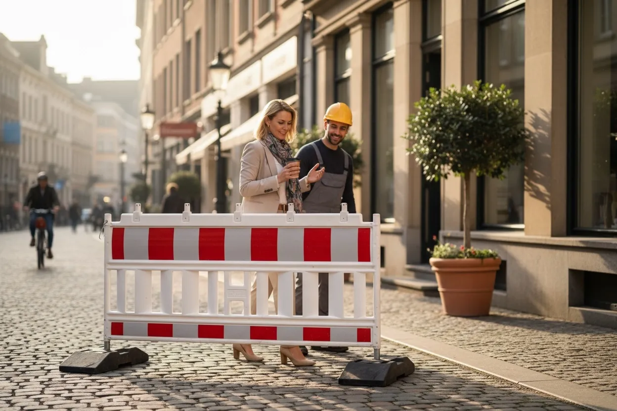 Infrastruktur zur sicheren Arbeit. Schuttrutschen, Verkehrsabsicherung und Stromaggregate.