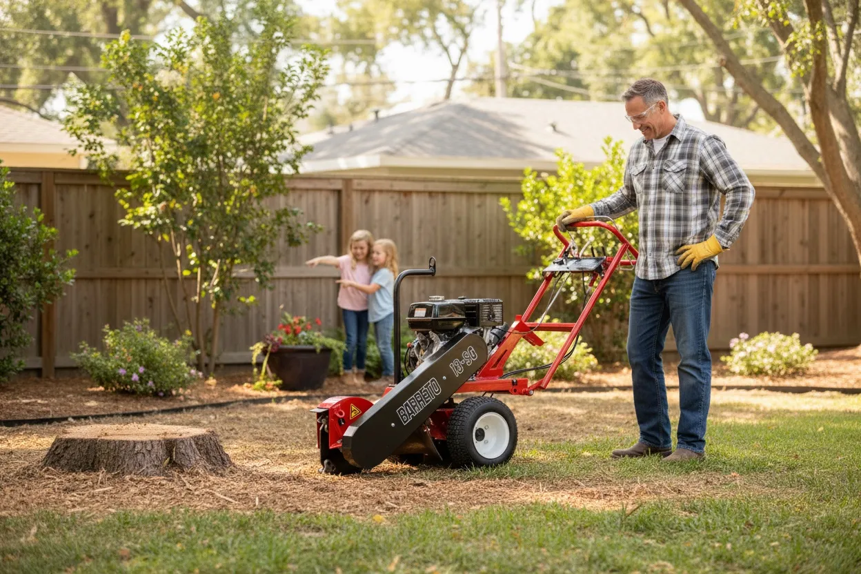 Wurzelfräsen, Heckenscheren und Kettensägen für Gartenpflege und Baumarbeiten.
