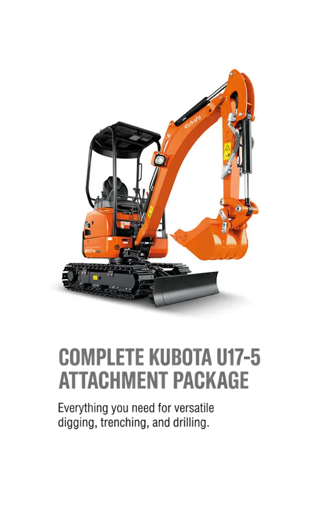 Kubota U17-5 300mm / 450mm / 900mm mud bucket Quick hitch Ripper  Hydraulic Rock Grab: Heavy-duty, single-ram, 5-finger model built for the U17 ear geometry (30mm pins, 95mm ear width).  Digga PDX-2-EM Auger Drive 300mm Auger Bit with Tungsten Teeth 400mm Au