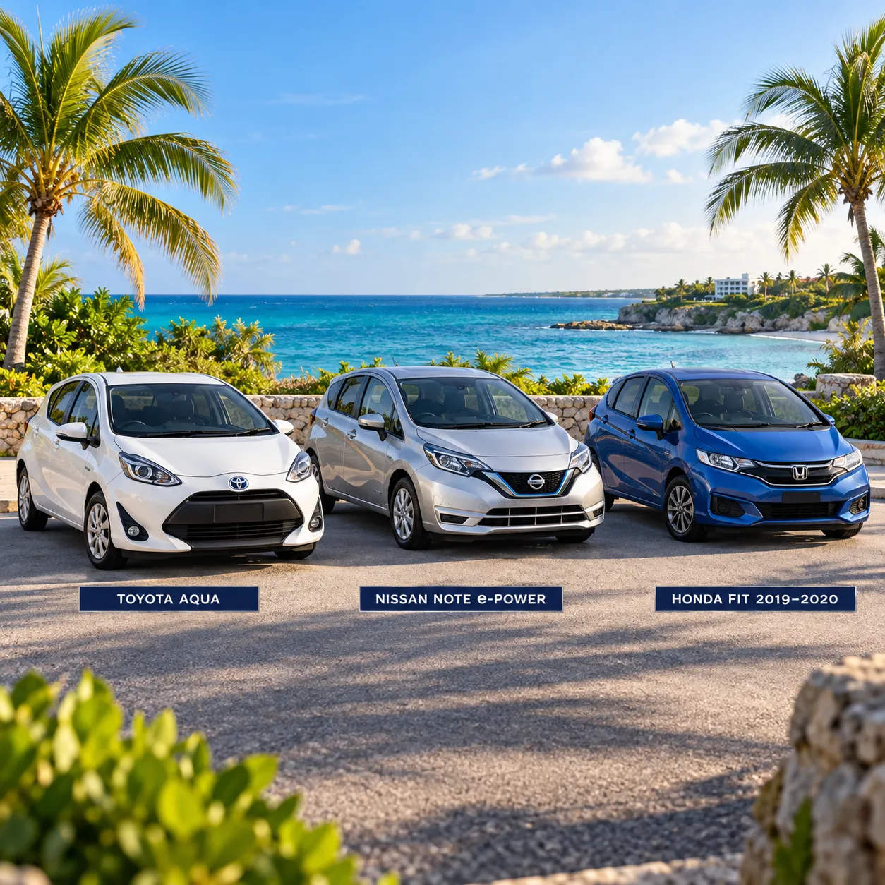 Toyota Aqua, Nissan Note e-POWER, and Honda Fit 2019–2020 in a Cayman Islands fleet showcase
