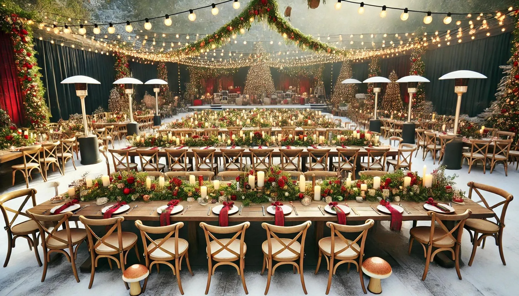 Holiday table and chair rentals with elegant linens and décor — perfect for Christmas, Thanksgiving, and winter gatherings in the PNW.