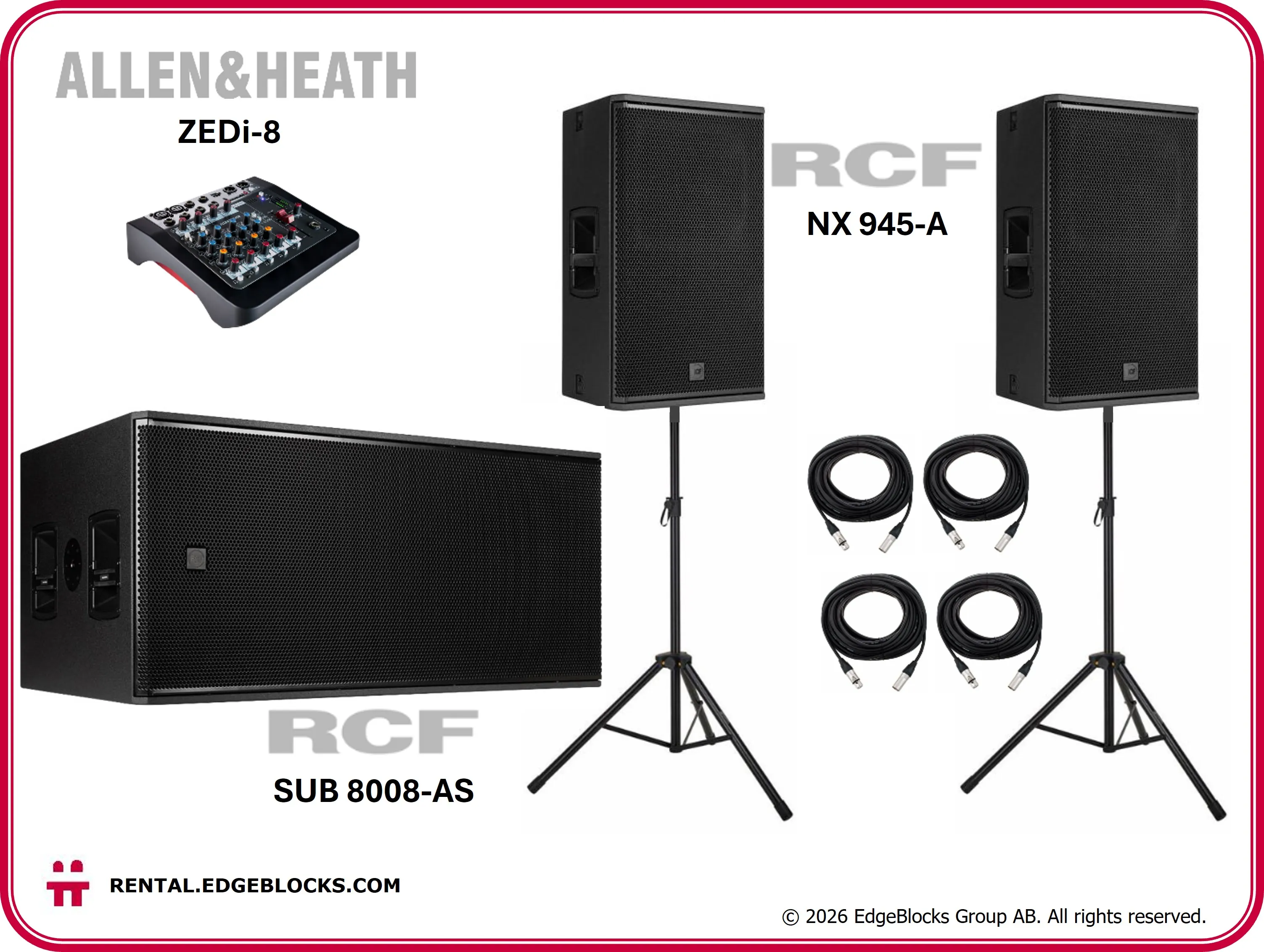 RCF Högtalarpaket 7, två 15" toppar, en dubbel 18" sub, mixer