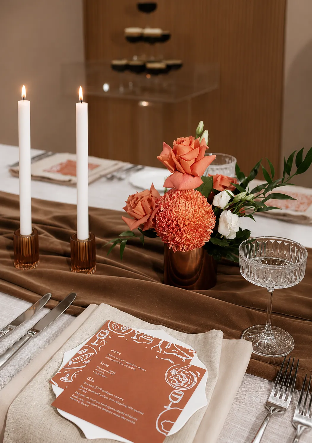Terracotta and chocolate brown tablescape with coral florals, candlelight, layered linens and custom menu stationery by Miss Events Melbourne @postofficehotel collab