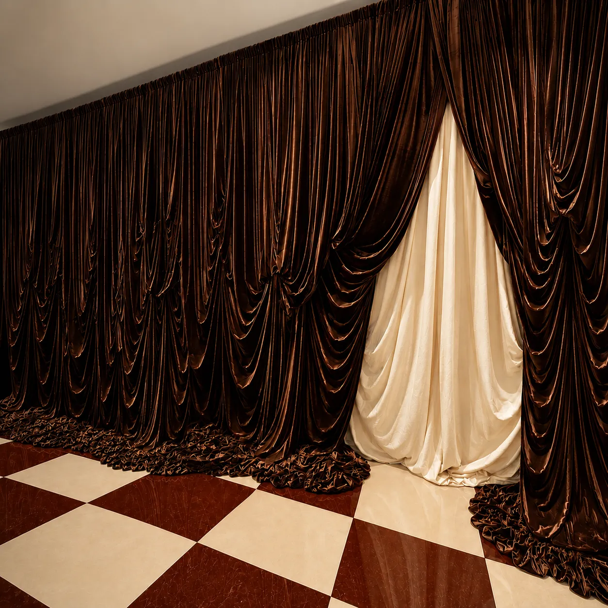 Espresso brown velvet and ivory luxury drapery installation creating a statement event backdrop by Miss Events Melbourne