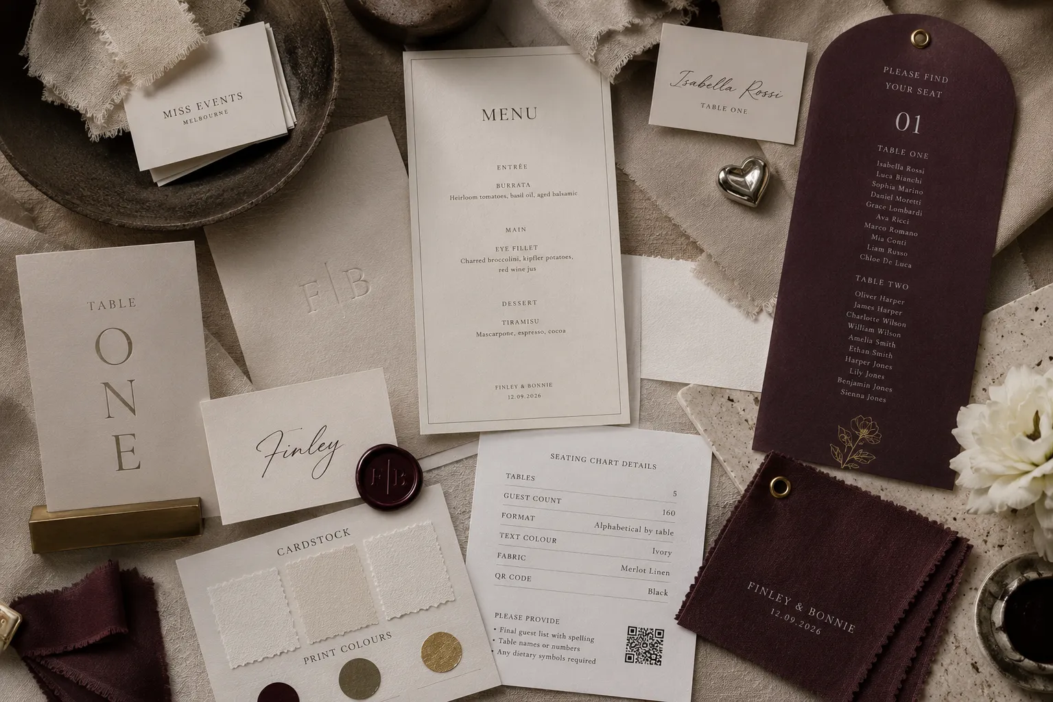 Signage and Stationery — artwork, wording and print guidance for Miss Events Melbourne clients.