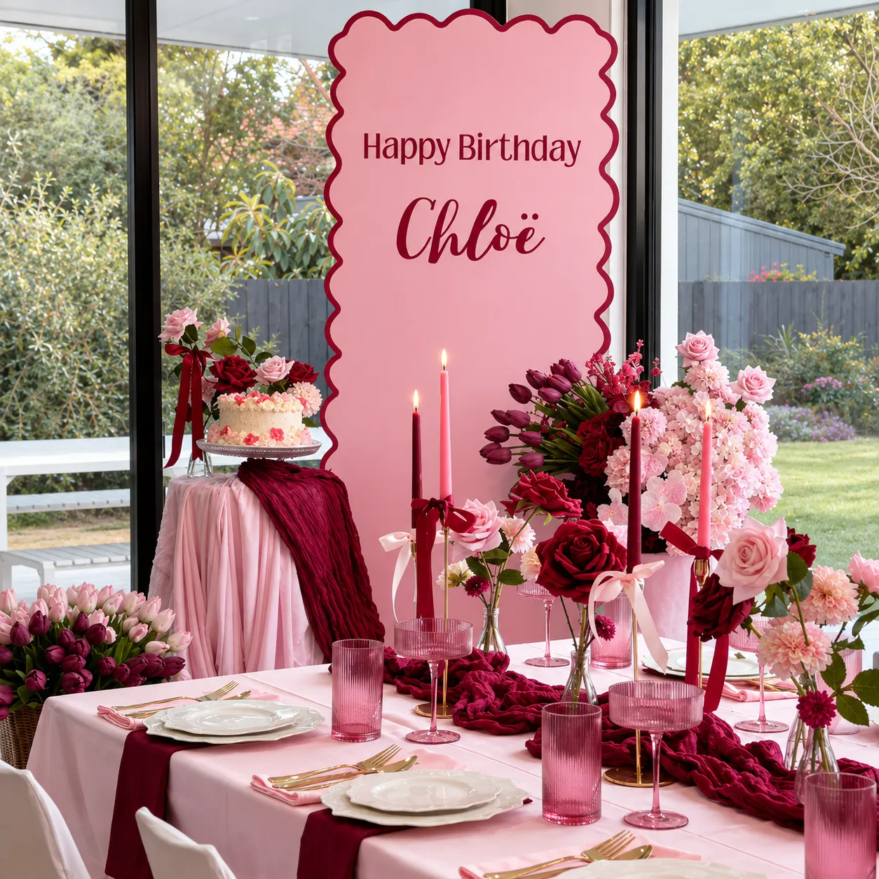 Blush pink and burgundy birthday tablescape with floral arrangements, taper candles, layered linens and a custom scalloped Happy Birthday Chloë backdrop.
