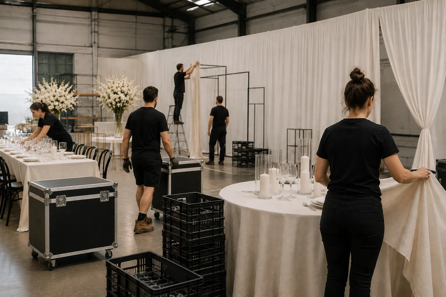 Experienced event crew setting up an event venue with tables, décor and equipment for professional trade event support in Melbourne.