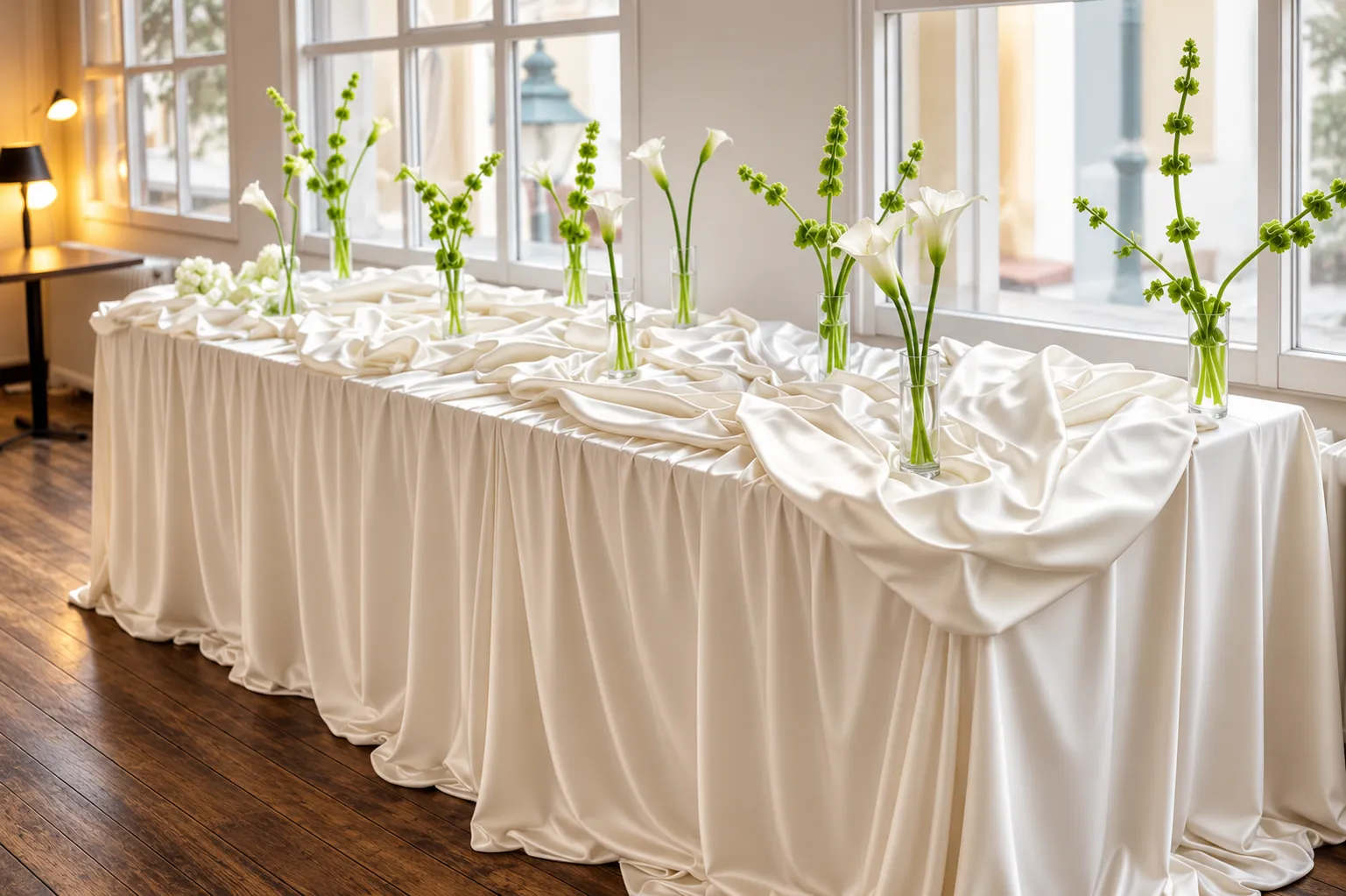 Ivory satin table drapery with sculptural white florals and green stems at French Saloon, Melbourne.