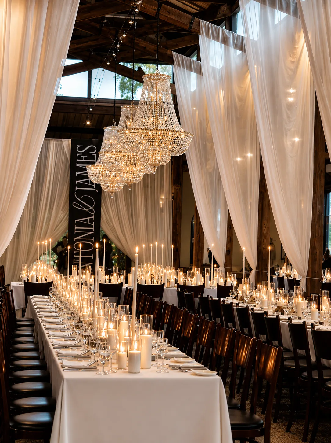 Candlelit wedding reception at Stones of the Yarra Valley with layered candle styling, ivory drapery and crystal chandeliers