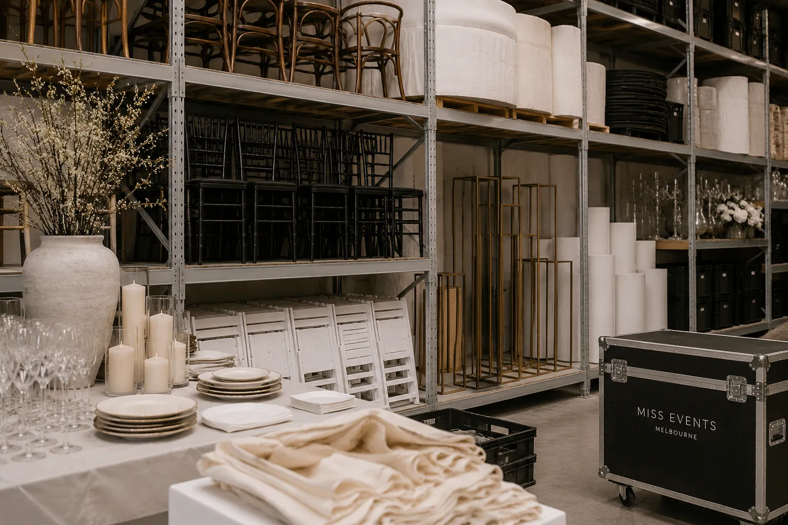 Event hire warehouse with chairs, plinths, tableware, glassware, candles and event styling inventory for trade hire in Melbourne.
