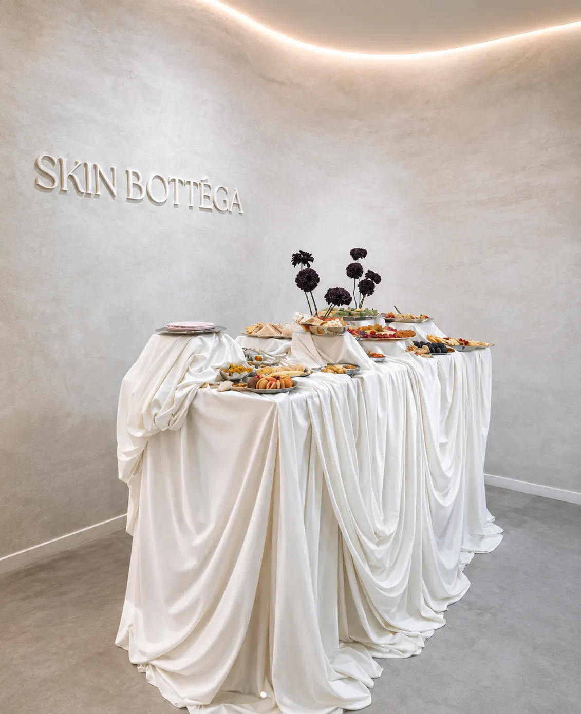 Ivory draped grazing table styled for Skin Bottega and Intimo Valentine’s Day corporate event by Miss Events Melbourne