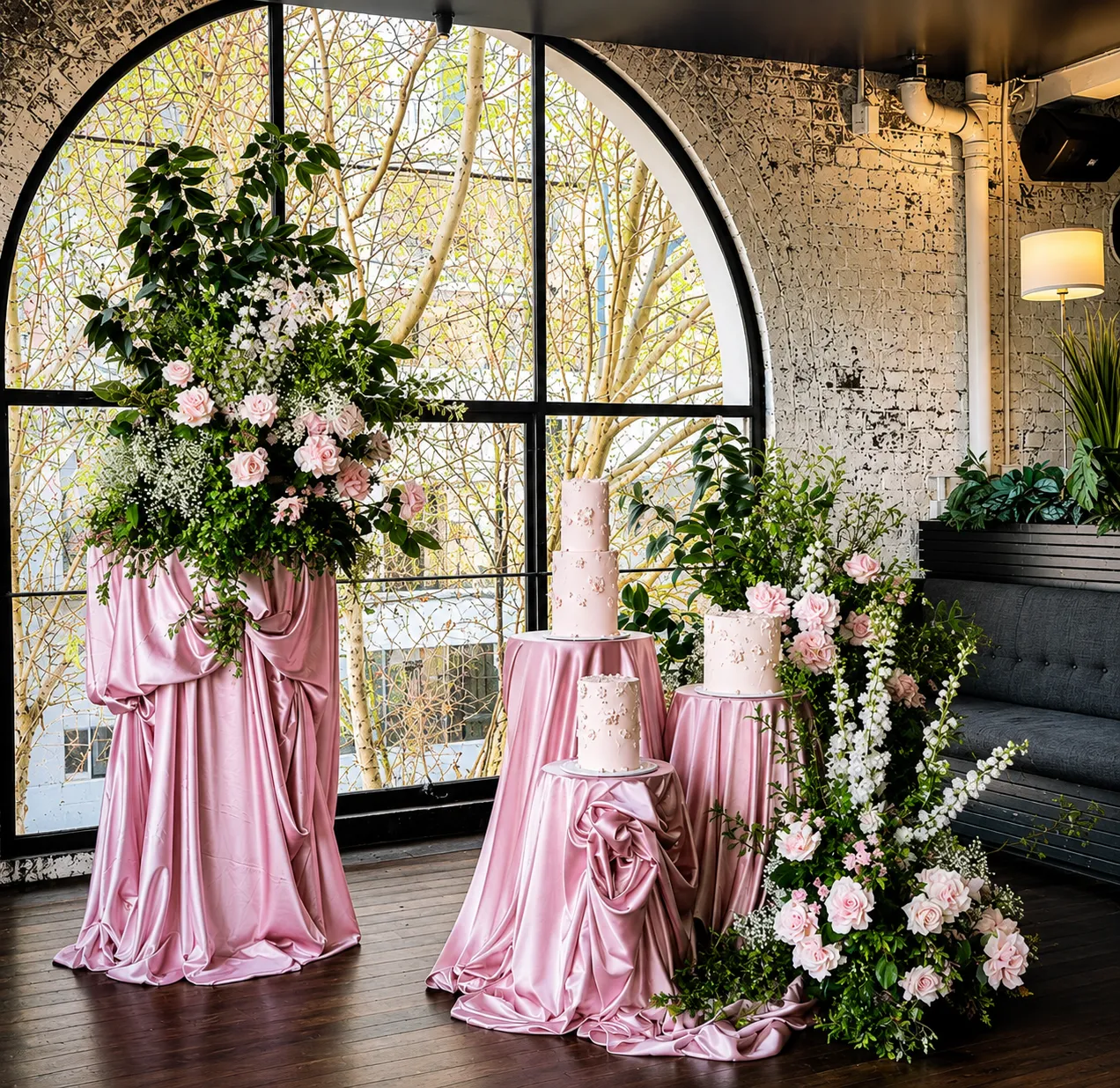 Blush pink baptism cake display with three cakes, soft drapery and fresh floral styling at Panama Dining Room Melbourne by Miss Events Melbourne