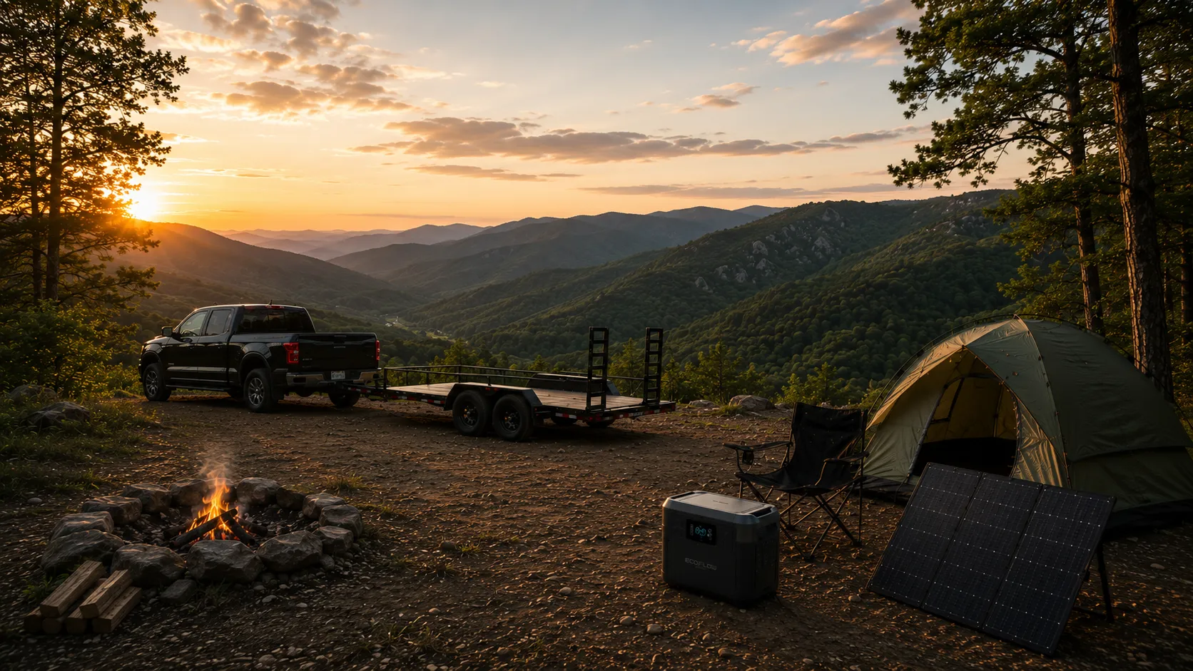 Truck with car hauler trailer at a mountain campsite with portable power station and solar panel — RTP Rental, Chapel Hill NC