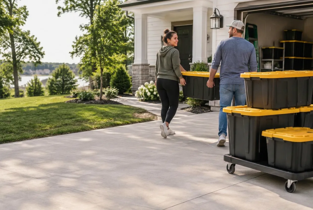Man and woman moving reusable totes during a home move