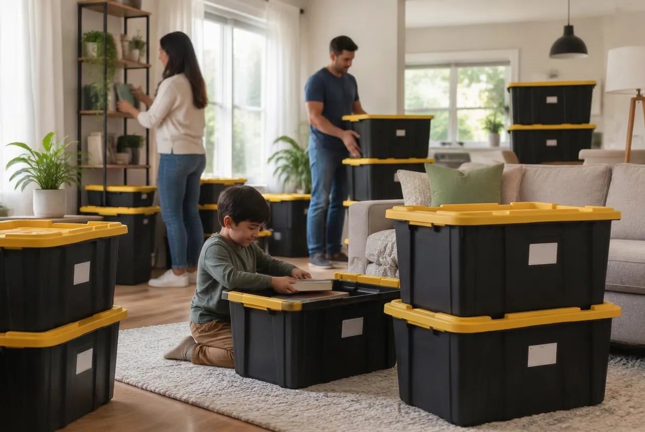 Family preparing to move in a home with reusable moving totes