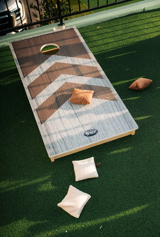 A closeup of a bean bag toss board with bean bags.