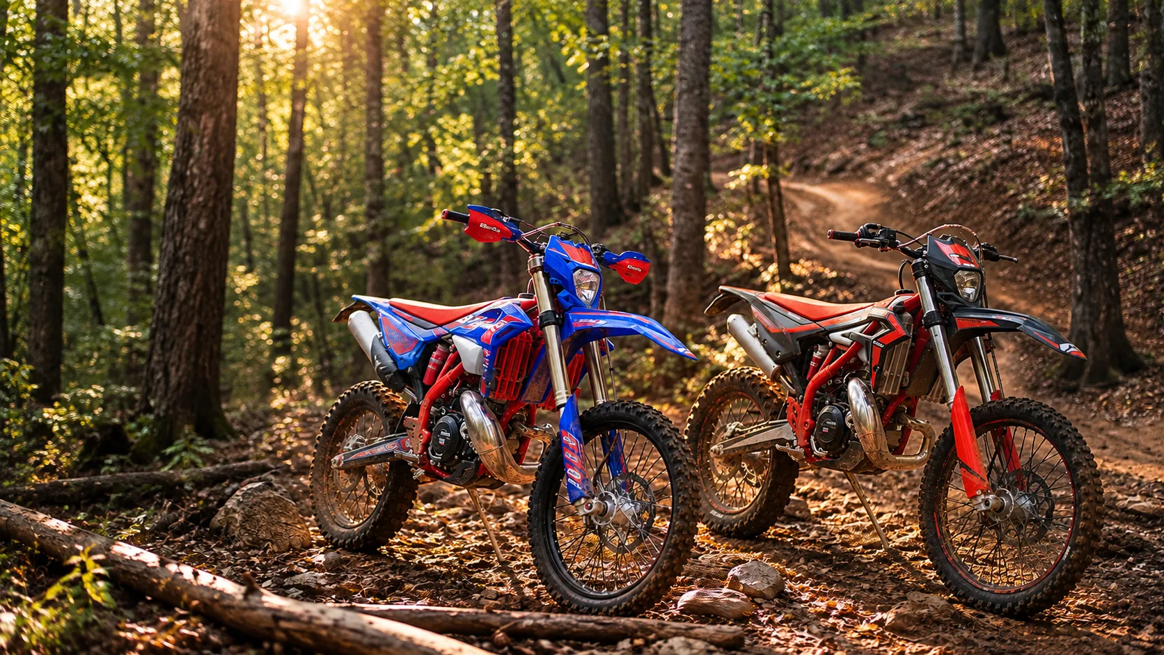 Two Beta dirt bikes on a wooded trail at Brushy Mountain Motor Sports Park in North Carolina.