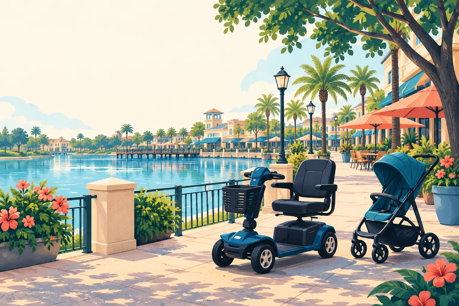 Editorial illustration of a scooter and stroller beside a Florida-inspired waterfront.