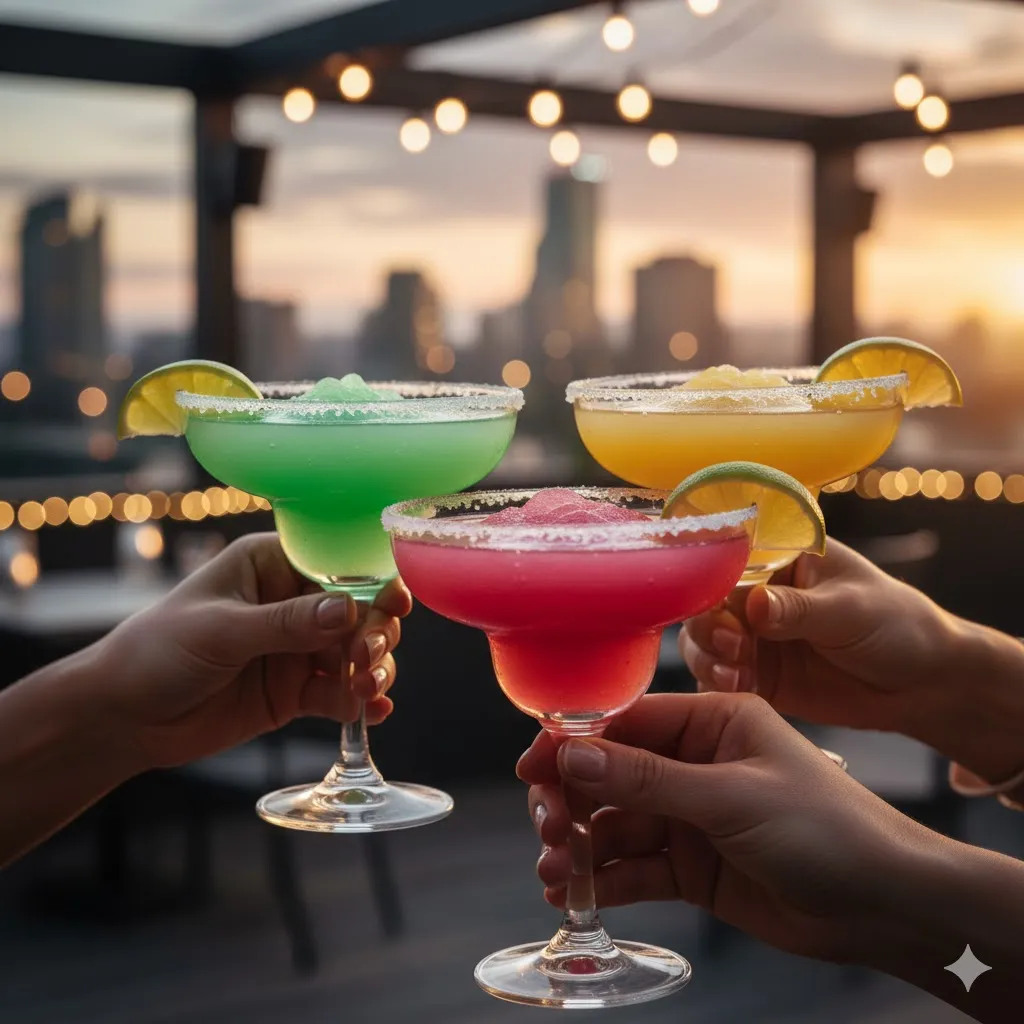 AI generated image of 3 margarita glasses clinking together in a toast with three female hands holding them as the sun sets behind them in a non descript city in the background