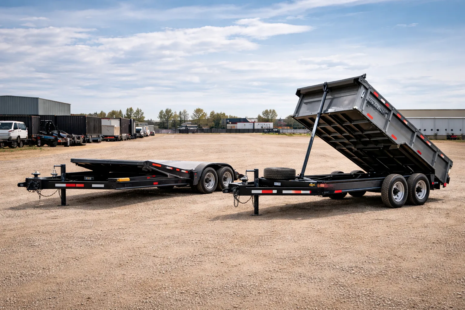 Heavy-duty dump and full tilt trailers available for rent in Northern Alberta yard