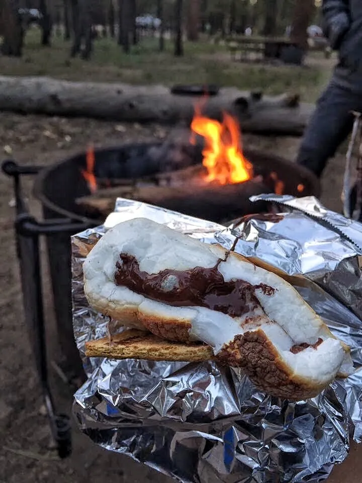 Campfire s’more with toasted marshmallow, chocolate, and graham crackers on foil.