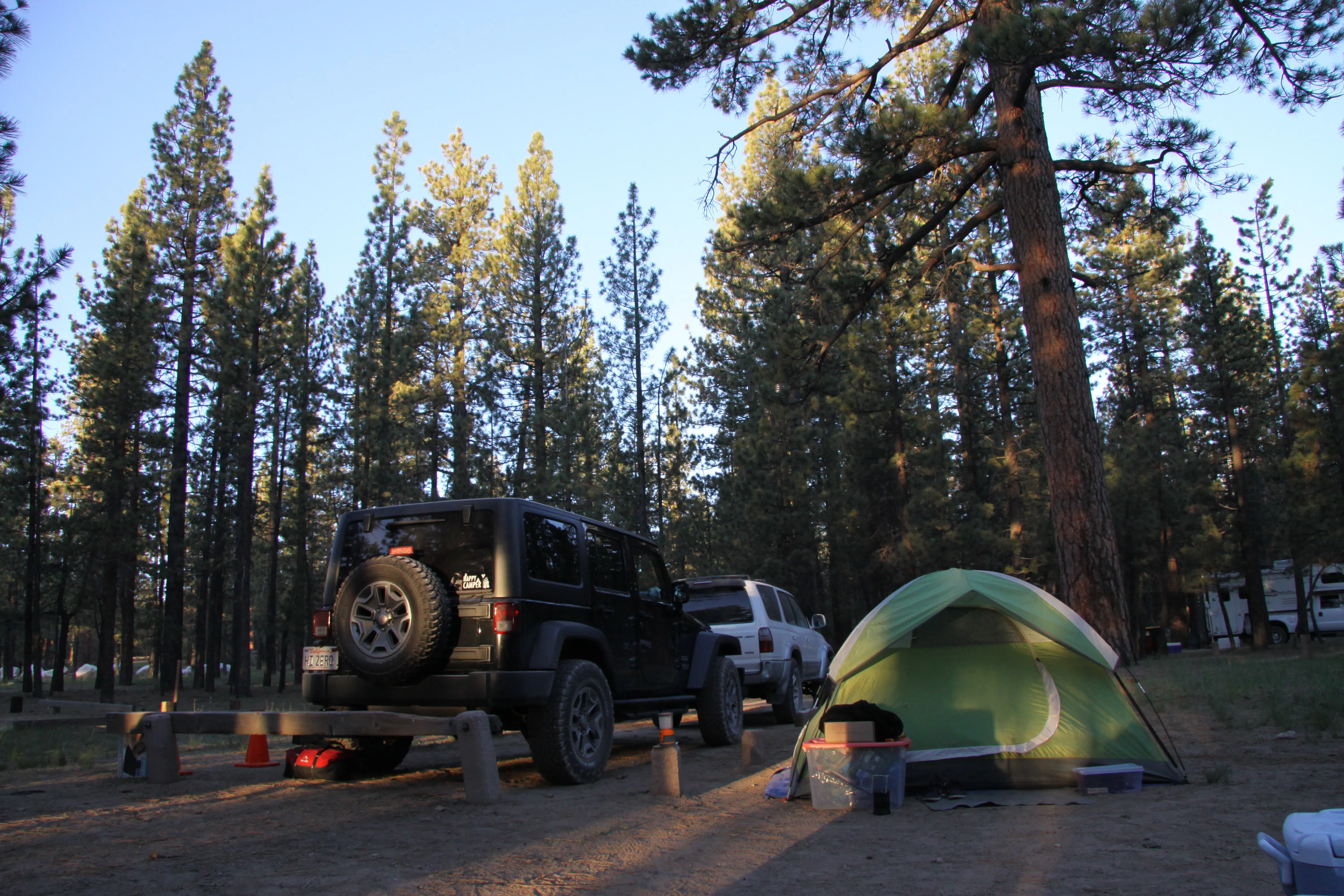 Green camping tent set up beside vehicles at a wooded campground in California.