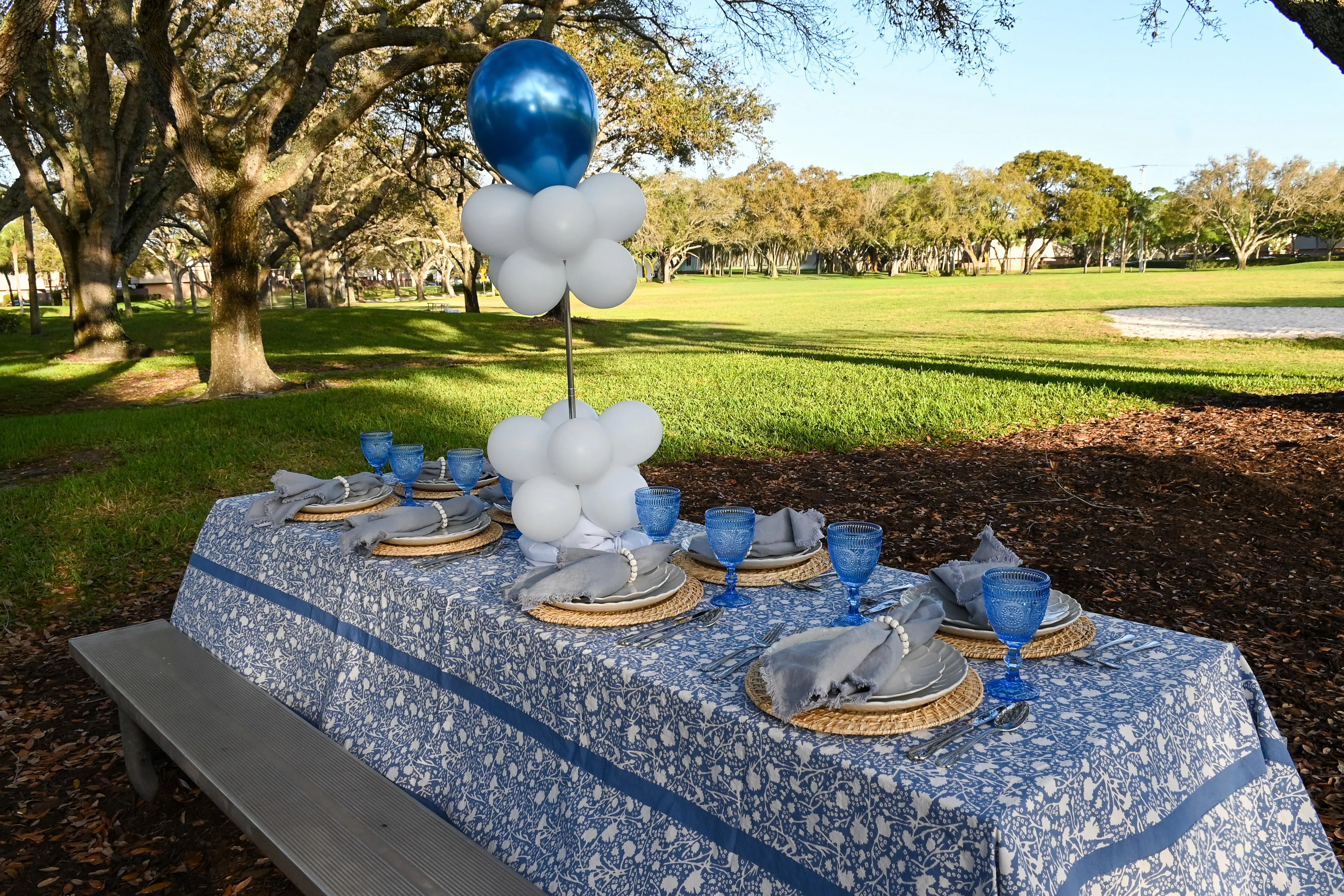 Blue and white elegant picnic tablescape in a park. The place setting includes and blue and white floral tablecloth with light blond woven chargers, white plates, blue-grey napkins and blue goblets. There is a small blue and white balloon centerpiece. 