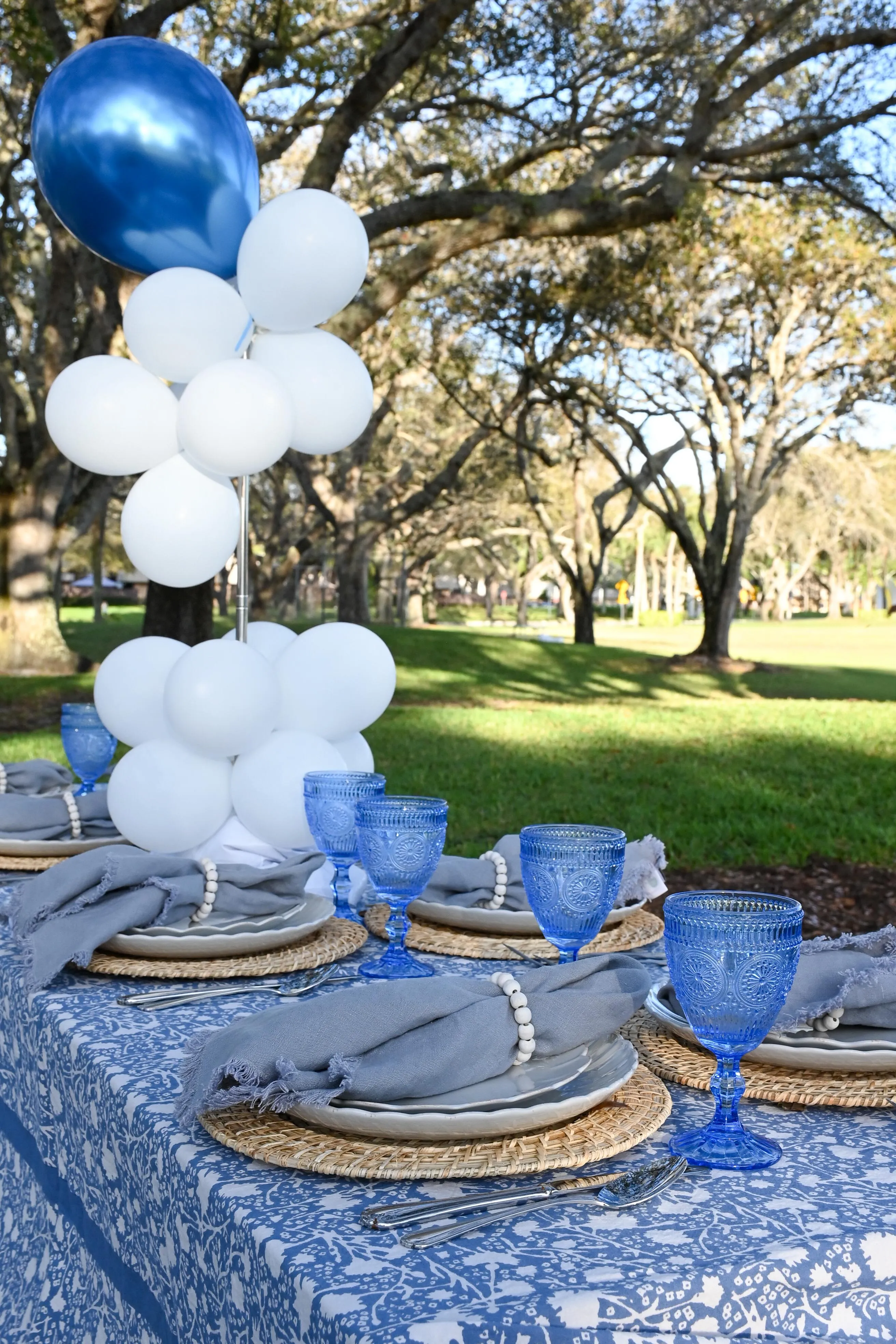 Blue and white elegant picnic tablescape in a park. The place setting includes and blue and white floral tablecloth with light blond woven chargers, white plates, blue-grey napkins and blue goblets. There is a small blue and white balloon centerpiece. 