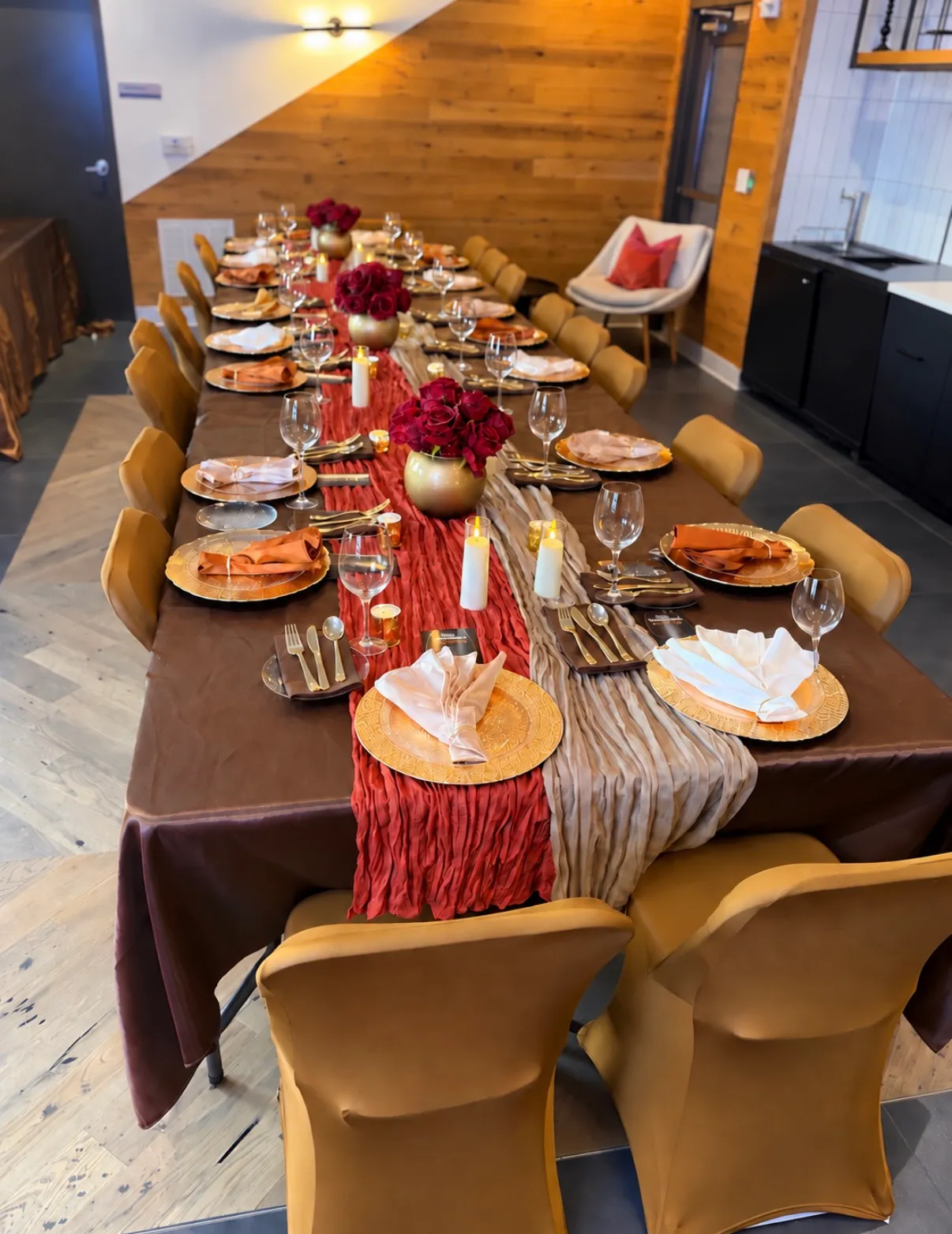 Full styled tablescape with burgundy, gold, and neutral details for a Brown Butter Moments event