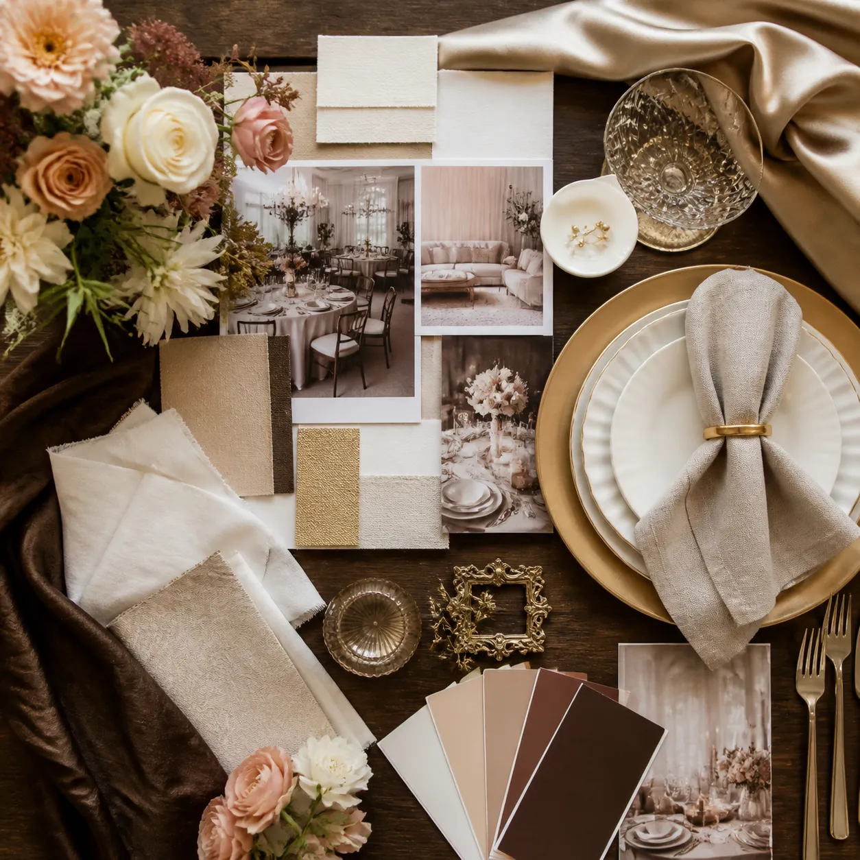 An elevated event-planning mood board with rental details