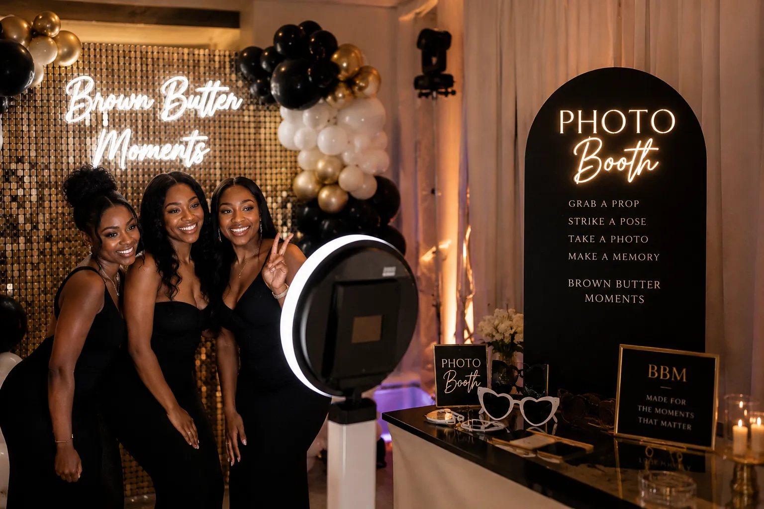 Luxury photo booth rental with interactive guest experience, premium backdrop, and event decor by Brown Butter Moments in Metro Atlanta 