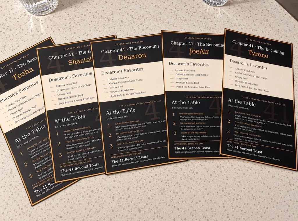 Personalized birthday dinner place cards designed by Brown Butter Moments
