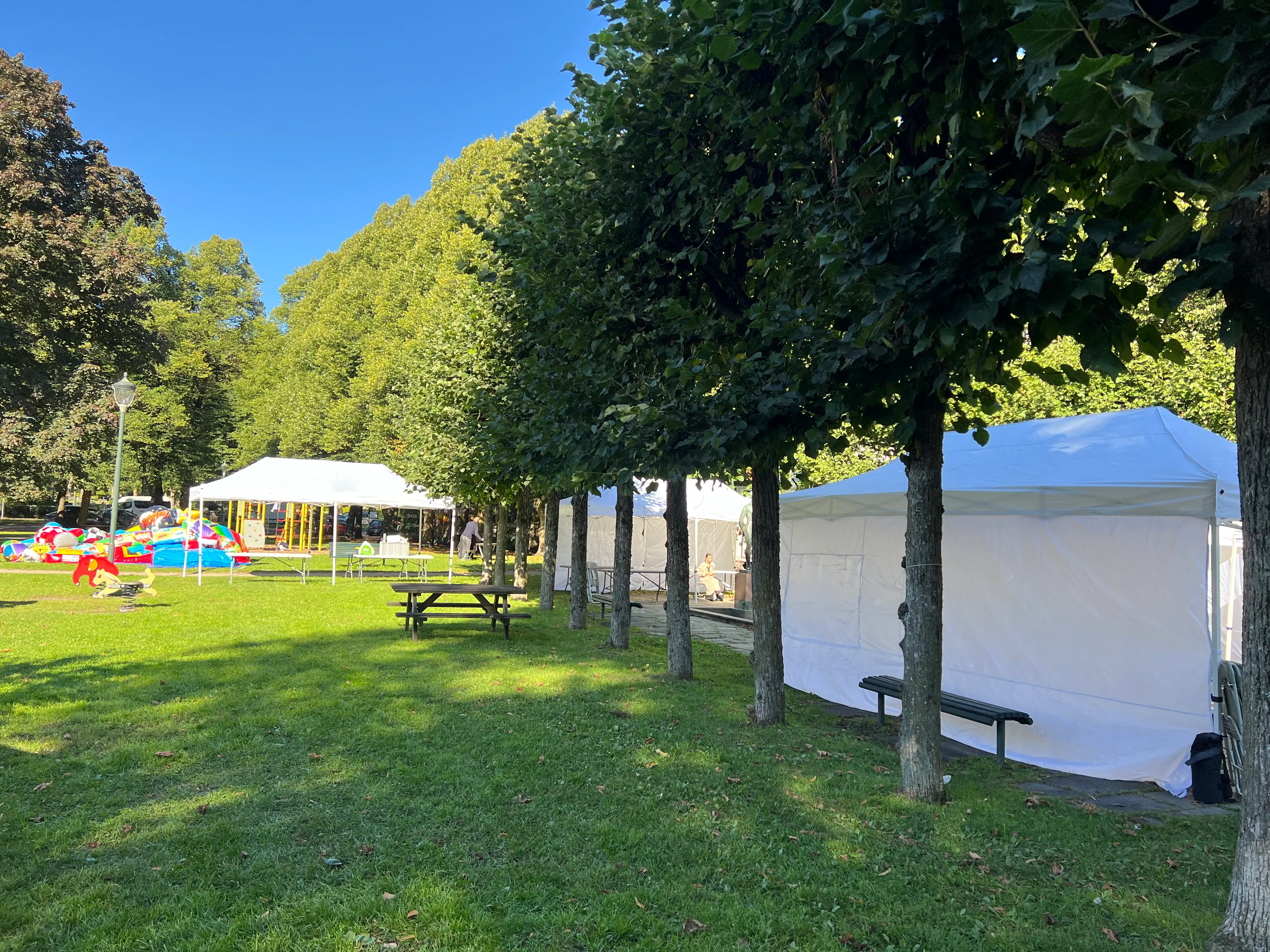 Telt og benker på festivalområde i parken