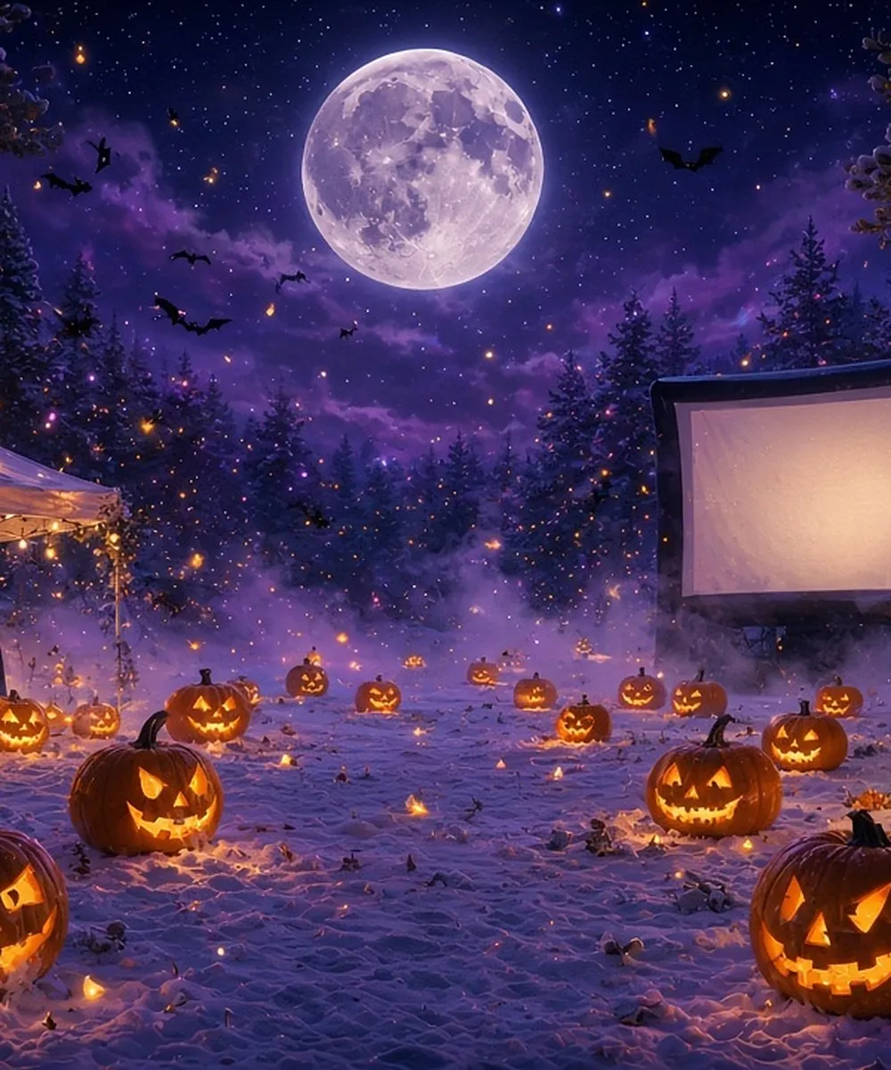 Saltando Halloween: telt med lyslenker, popcornmaskin, utekino og gresskar i måneskinn