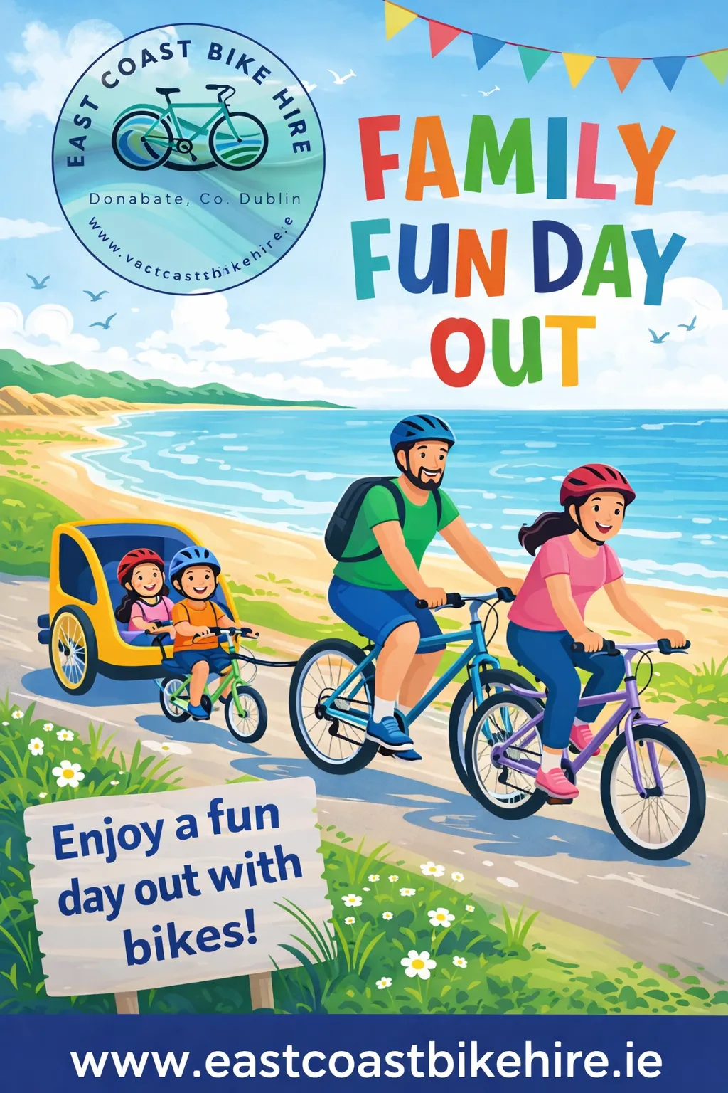 Family Day out - 10% off 2 Adult Bikes, when you book a kids bike and trailer (example only - we can tailor this to suit your needs, please call us to organise this)