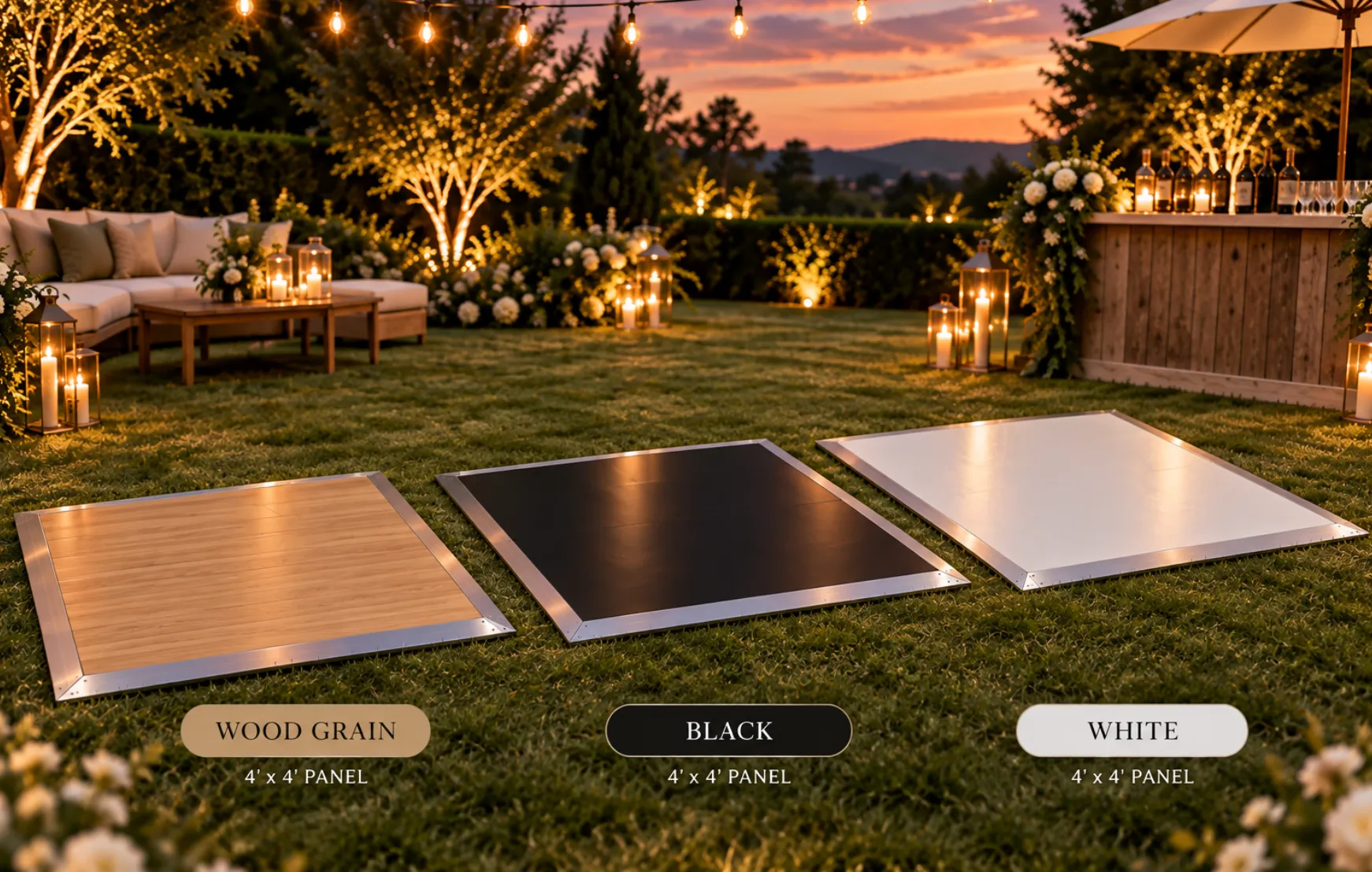 Customizable Dance Floor / Outdoors & Indoors (Waterproof  4' x 4' Panels) - wood/black/white