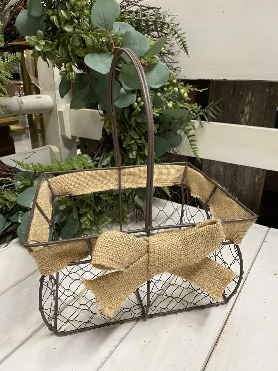 Wire Basket with Burlap Bow