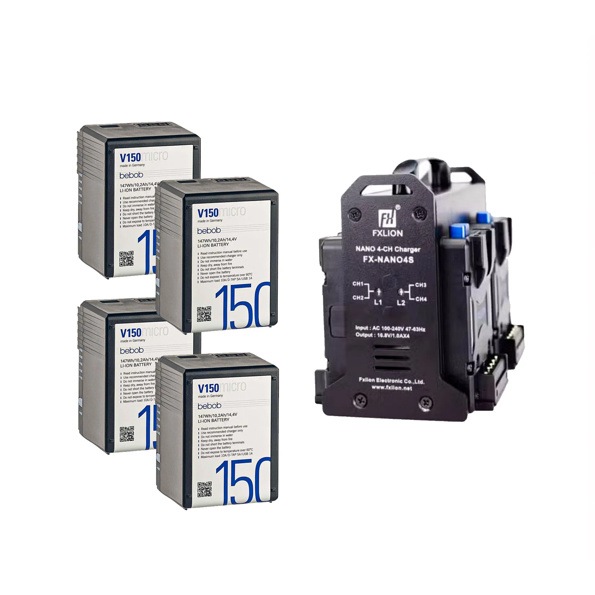 4x Bebob 150wh Micro V-Mount + Quad Charger set